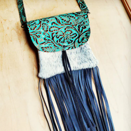 Small Crossbody Handbag Hair on Hide w/ Cowboy Leather Flap - Amethyst & Opal