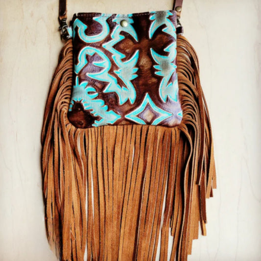 Small Crossbody Handbag w/ Turquoise Laredo Leather Full Fringe - Amethyst & Opal