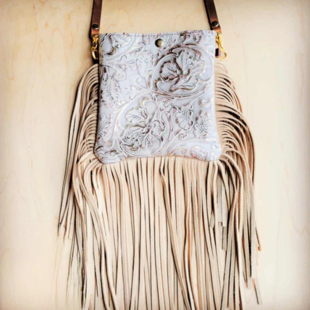 Small Crossbody Handbag w/ Gilded Cowboy Leather Full Fringe - Amethyst & Opal