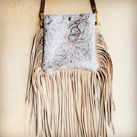 Small Crossbody Handbag w/ Gilded Cowboy Leather Full Fringe - Amethyst & Opal