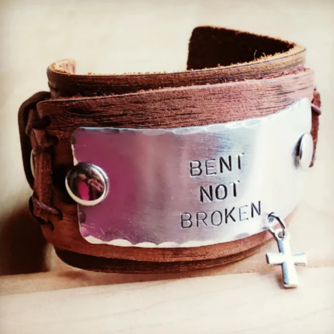 "Bent Not Broken" Distressed Leather Cuff Bracelet - Amethyst & Opal