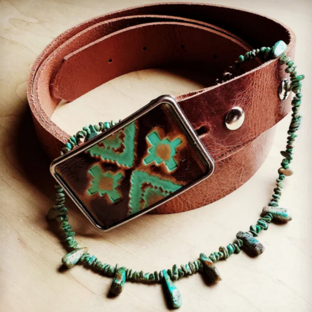 Rectangle Navajo Leather Belt Buckle - Amethyst & Opal