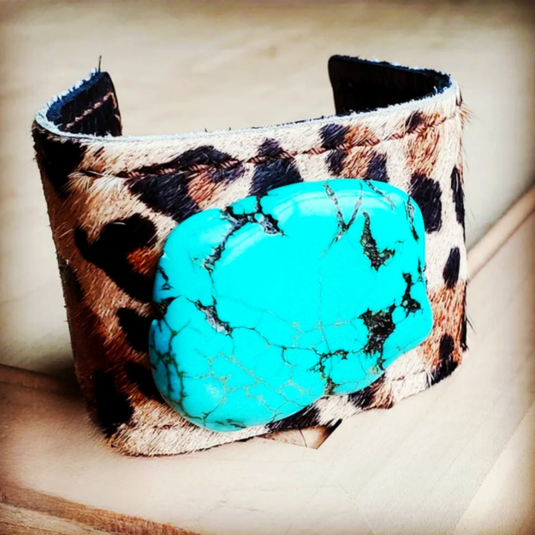 Leather Cuff w/ Leather Tie-Leopard Hide and Turquoise Slab - Amethyst & Opal