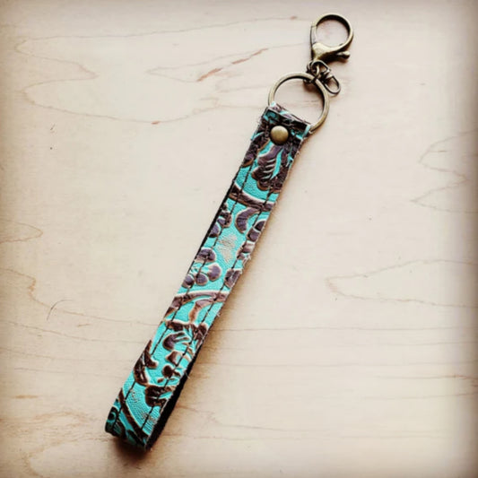 Embossed Leather Key Chain Strap Cowboy Turquoise - Amethyst & Opal