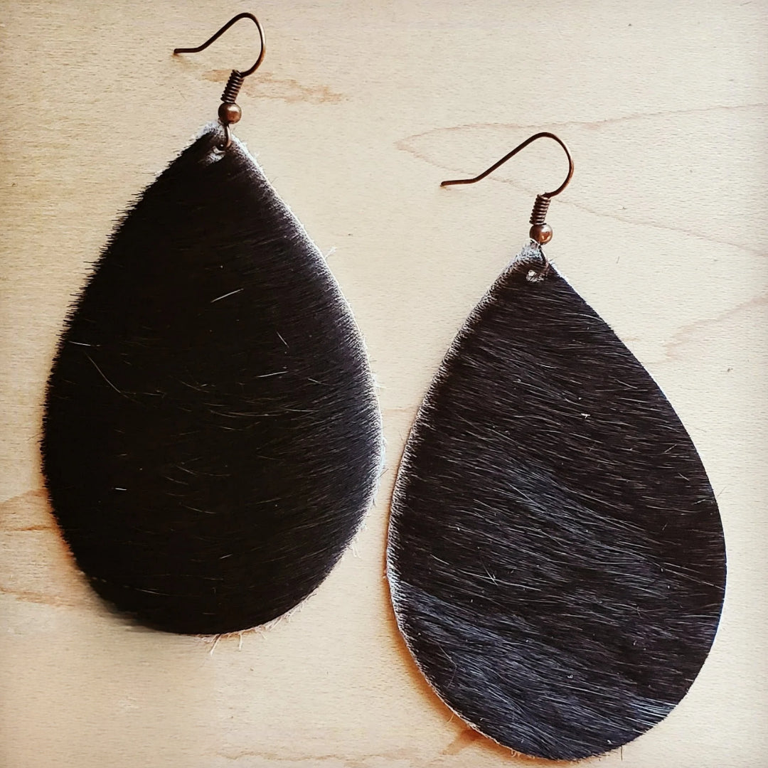 Leather Teardrop Earring-Dark Hair on Hide - Amethyst & Opal