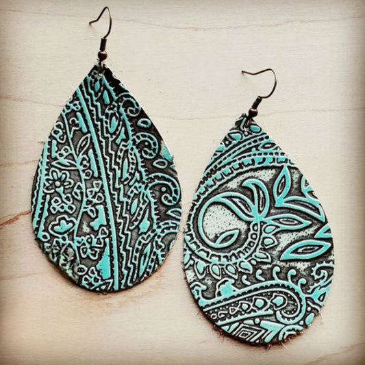 Leather Teardrop Earring-Turquoise Paisley - Amethyst & Opal