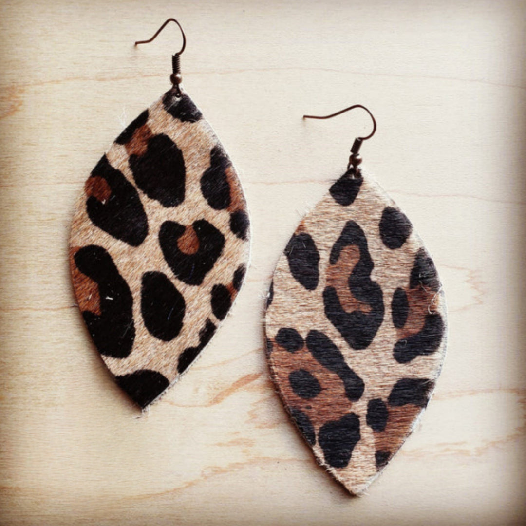 Leather Oval Earrings in Leopard Print Hair on Hide - Amethyst & Opal