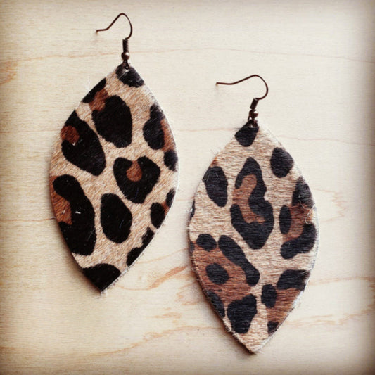 Leather Oval Earrings in Leopard Print Hair on Hide - Amethyst & Opal