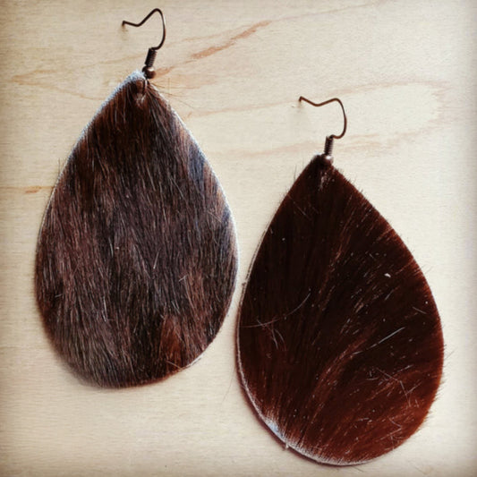 Leather Teardrop Earring-Brown Hair on Hide - Amethyst & Opal