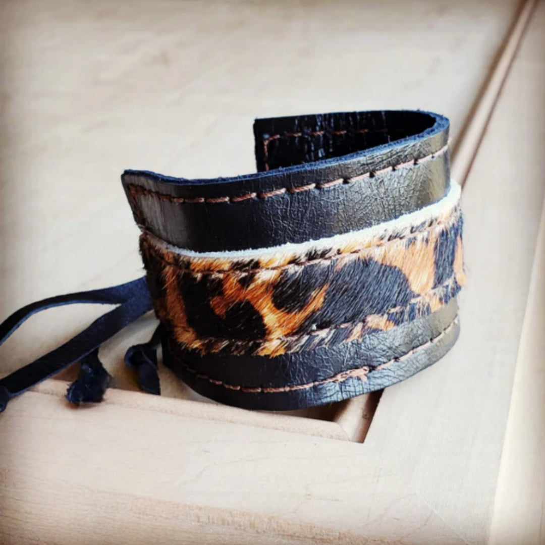 Leather Cuff with adjustable Tie in Black and Leopard Print - Amethyst & Opal
