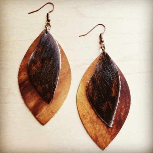 Leather Oval Tan Suede Earrings with Brown Hair-On-Hide Accents - Amethyst & Opal