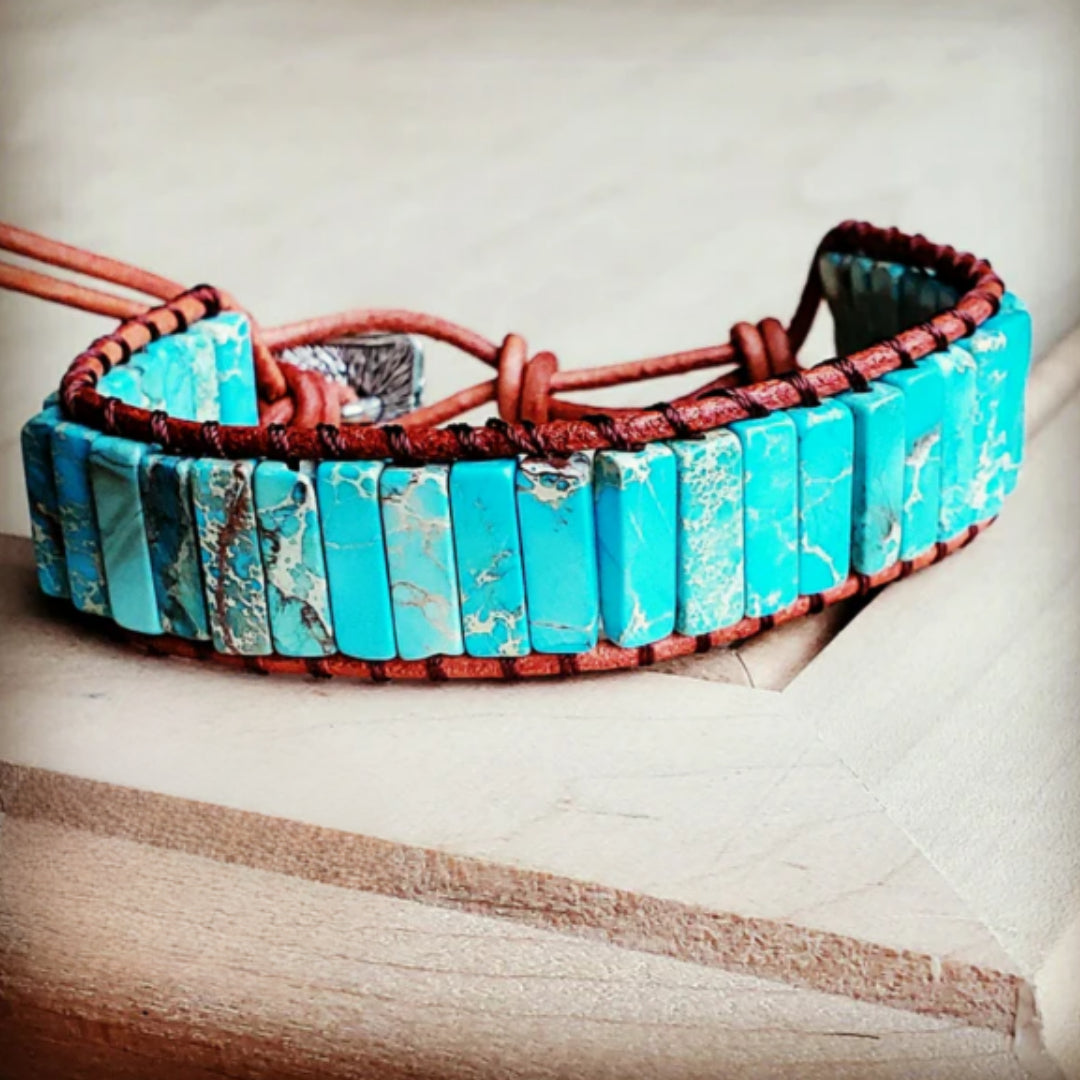 Woven Regalite Stacked Stone Bracelet-Turquoise - Amethyst & Opal