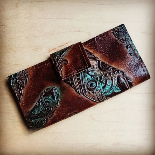 Turquoise Feather Embossed Leather Wallet with Snap - Amethyst & Opal