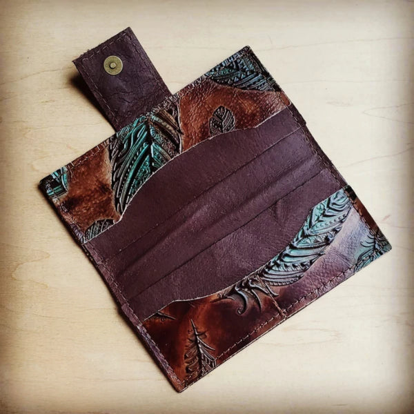 Turquoise Feather Embossed Leather Wallet with Snap - Amethyst & Opal