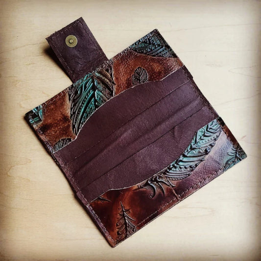 Turquoise Feather Embossed Leather Wallet with Snap - Amethyst & Opal