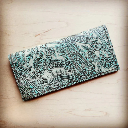 Embossed Leather Wallet in Turquoise Paisley with Snap - Amethyst & Opal