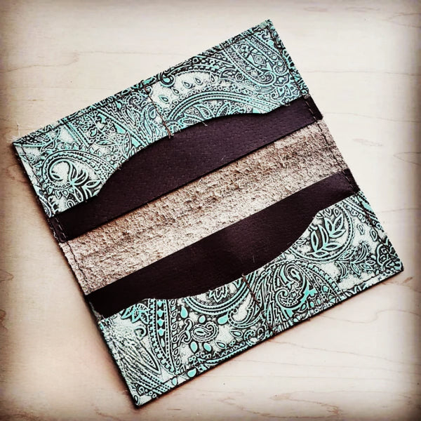 Embossed Leather Wallet in Turquoise Paisley with Snap - Amethyst & Opal