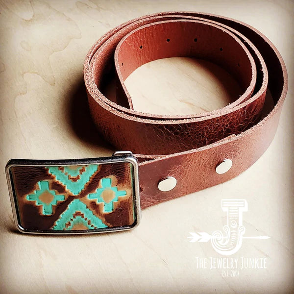 Navajo Leather Belt Buckle w/ Genuine Leather Belt - Amethyst & Opal