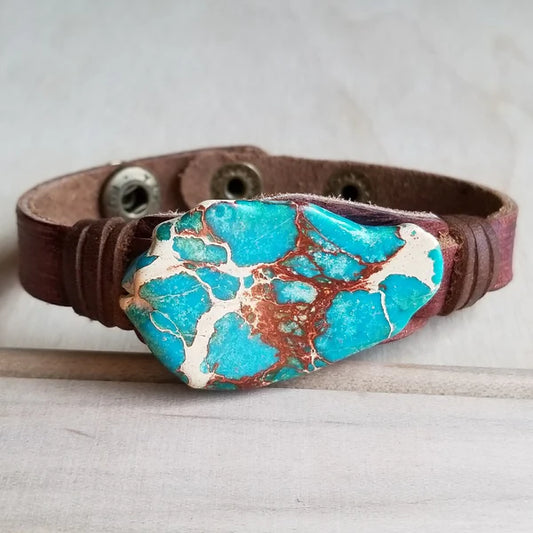 Narrow Leather Cuff with Regalite Slab - Amethyst & Opal