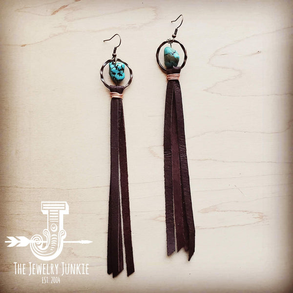 Turquoise Drop Earrings w/ Brown Leather Tassel - Amethyst & Opal