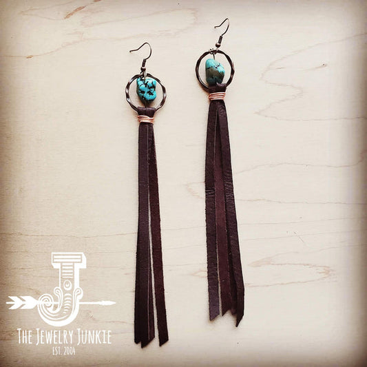 Turquoise Drop Earrings w/ Brown Leather Tassel - Amethyst & Opal