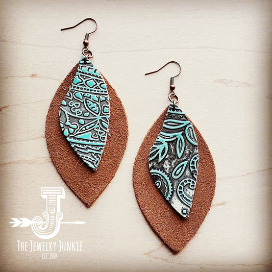 Leather Oval Tan Suede Earrings with Turquoise Paisley Accents - Amethyst & Opal