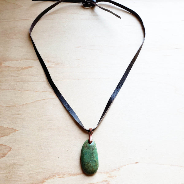 Leather Necklace with Natural Turquoise Pendant-Brown - Amethyst & Opal