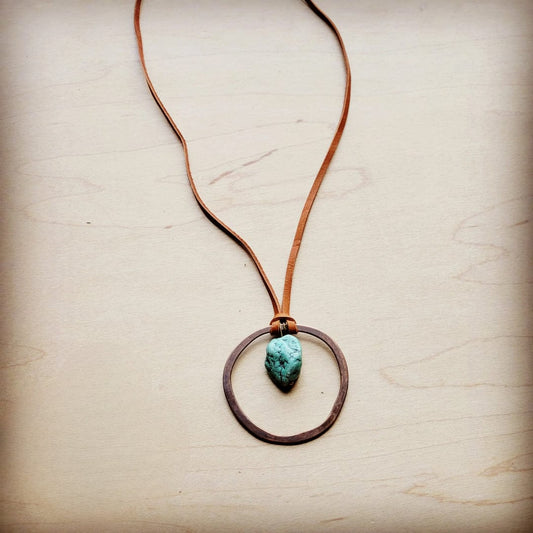 Leather Cord Necklace with Antique Gold Hoop and Turquoise
