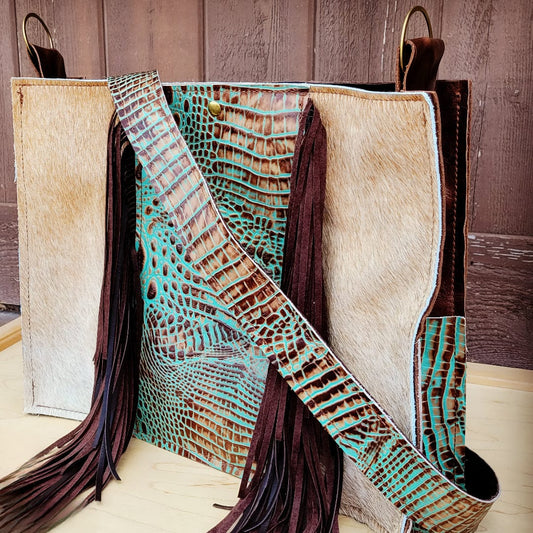 Large Hair on Hide Box Handbag w/ Turquoise Gator Accent