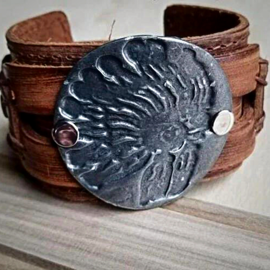 **Indian Headdress Cuff in Copper on Wide Dusty Leather Genuine Leather Band - Amethyst & Opal