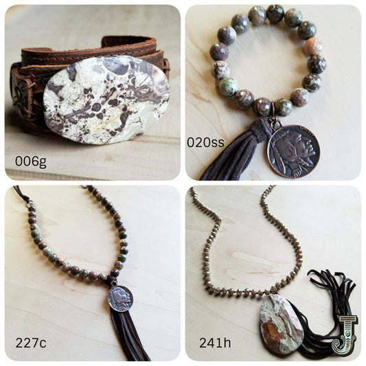 Brown Ocean Agate on Dusty Leather Cuff - Amethyst & Opal