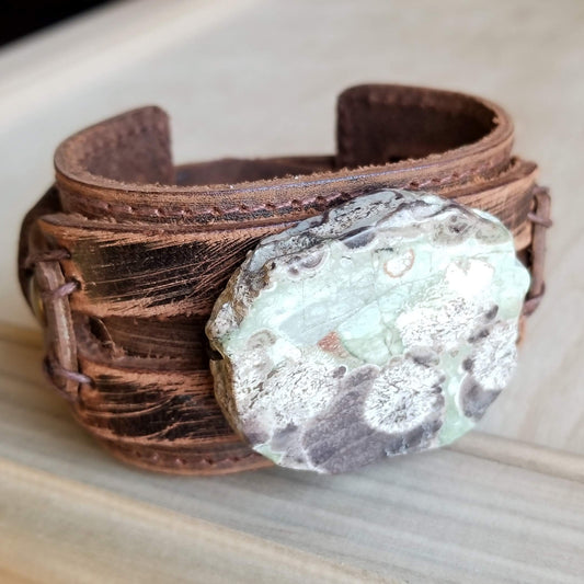 Brown Ocean Agate on Dusty Leather Cuff - Amethyst & Opal