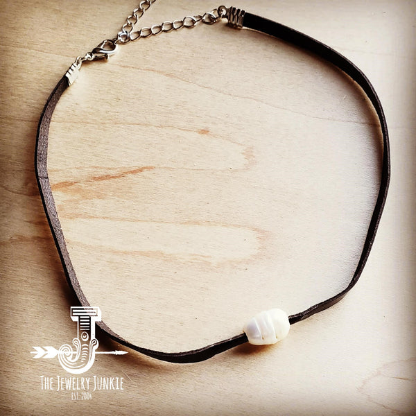 Floating Pearl on Brown Leather Choker Necklace - Amethyst & Opal