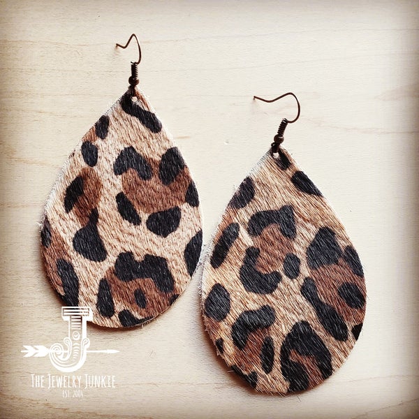 Leather Teardrop Earrings in Leopard Print Hair on Hide - Amethyst & Opal