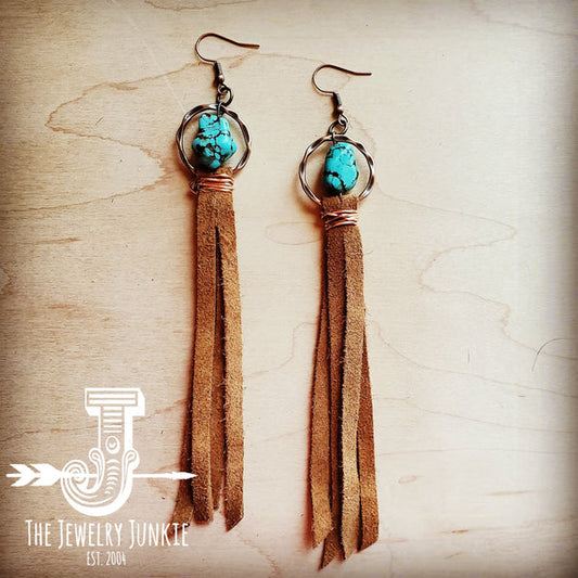 Turquoise Drop Earrings w/ Suede Leather Tassel - Amethyst & Opal