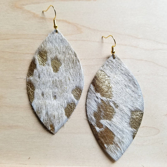 Leather Oval Earrings-Cream and Gold Hair on Hide - Amethyst & Opal