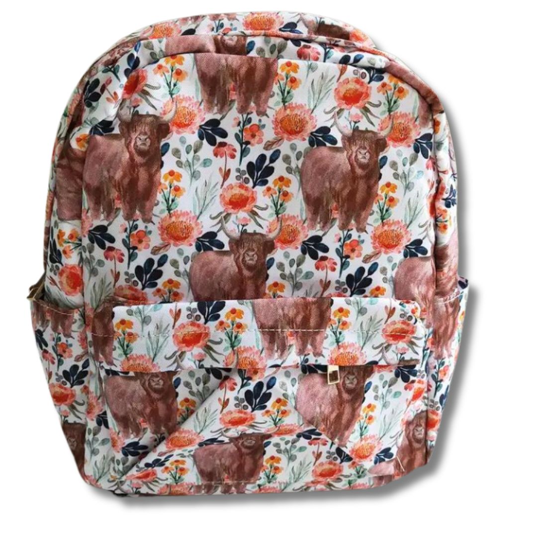 Orange Flowers Highland Cow Backpack