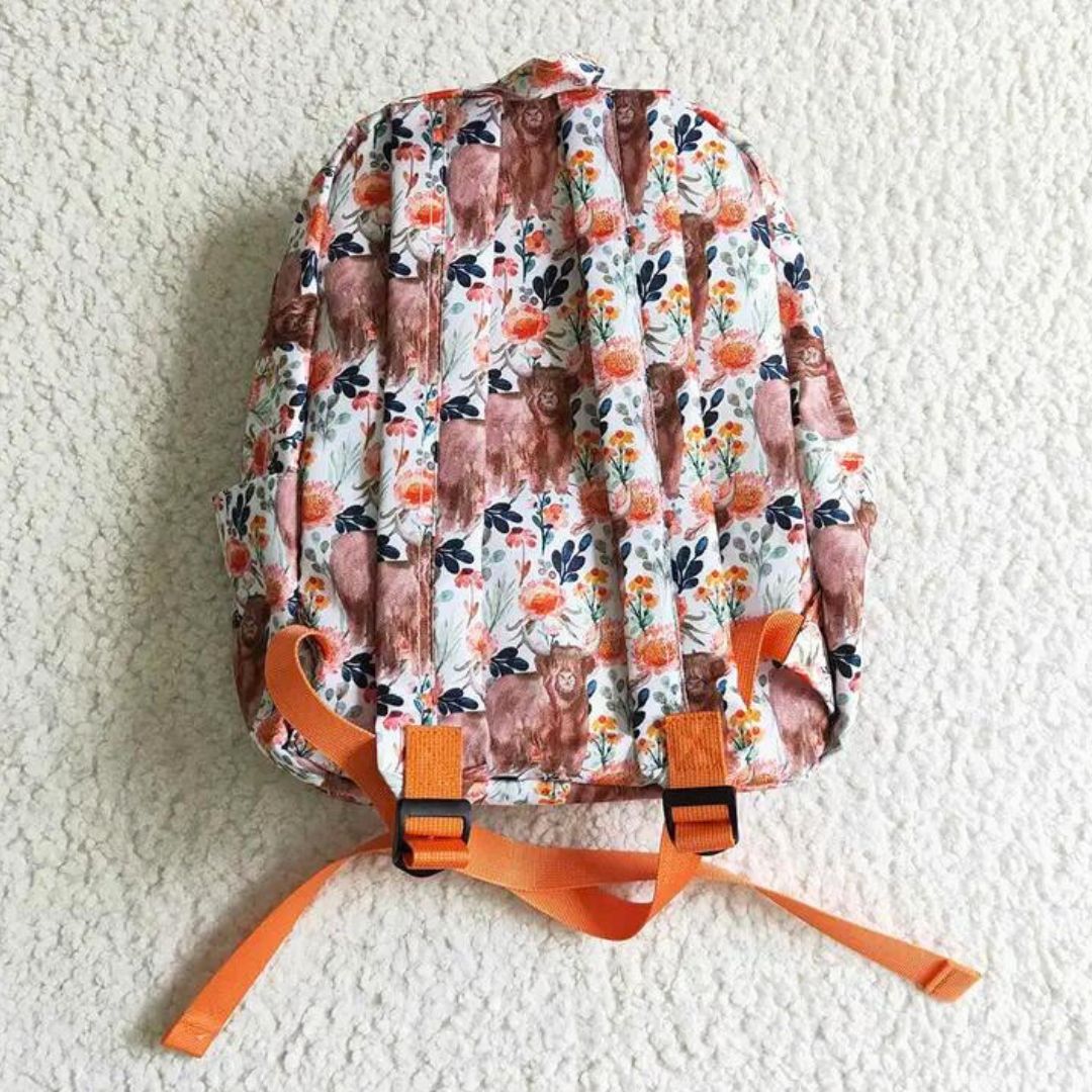 Orange Flowers Highland Cow Backpack