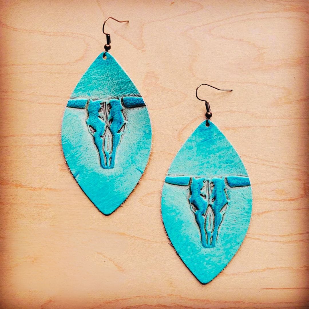 Leather Oval Earring-Turquoise Steer Head