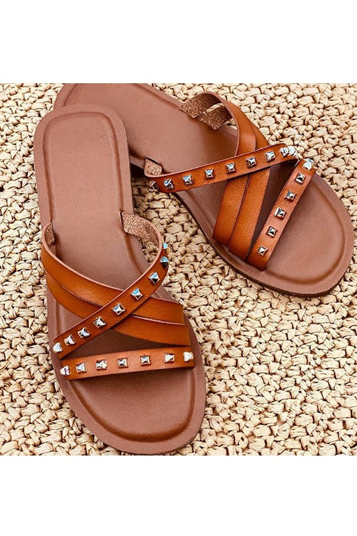 Cognac Studded Strappy Sandals