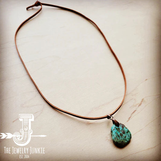 Leather Necklace with Turquoise Pendant-Tan
