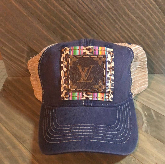 LV Upcycled Trucker Hat Serape Leopard Print Leather