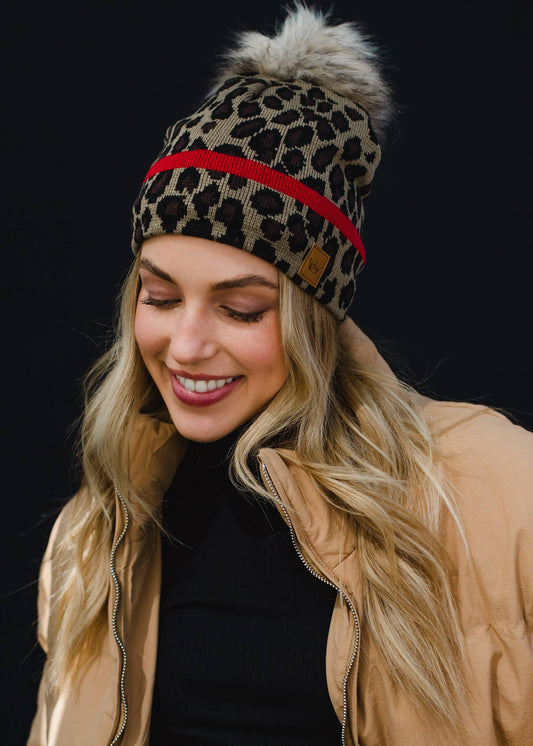 Leopard w/ Red Stripe Pom Hat