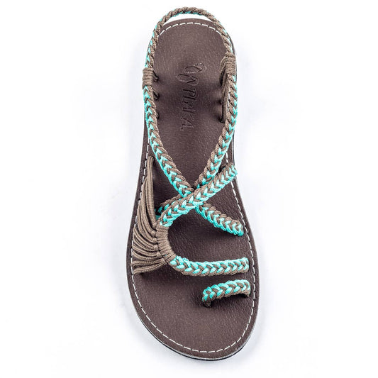 Plaka - Palm Leaf Flat Summer Sandals - Turquoise Gray