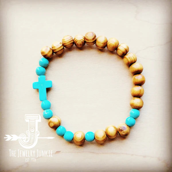 Wood & Blue Turquoise Beads w/ Cross Bead Accent