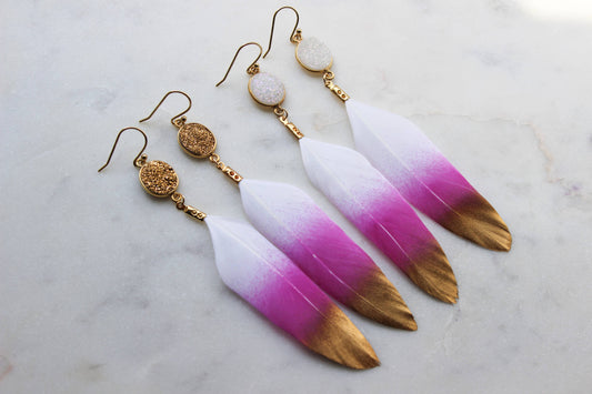 Gold Dipped Pink Druzy Feather Earrings