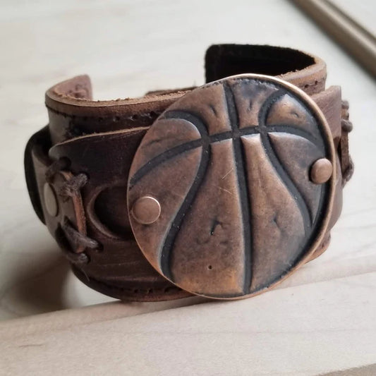 Molten Metal Basketball Distressed Leather Cuff - Amethyst & Opal 