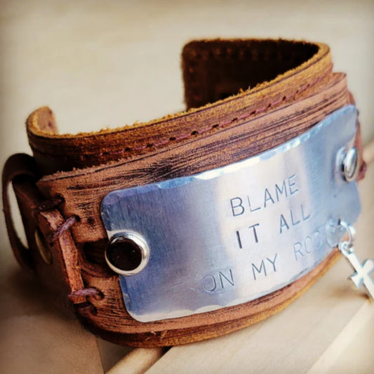 Blame It All On My Roots Wide Dusty Leather Genuine Leather Band - Amethyst & Opal 