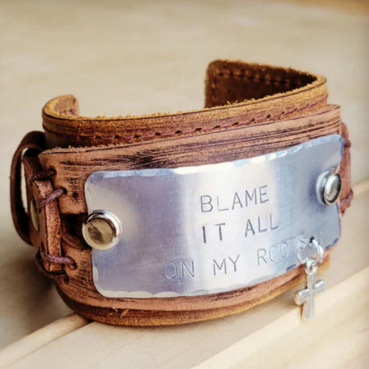 Blame It All On My Roots Wide Dusty Leather Genuine Leather Band - Amethyst & Opal 