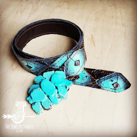 Blue Navajo Leather Belt w/ Turquoise Slab Belt Buckle - Amethyst & Opal 